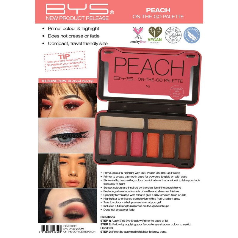 BYS On-The-Go Peach Eyeshadow Palette with Primer Highlighter and Mirror,