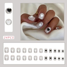 Valentine's Day Heart Press on Nails Short Square Fake Nails Black White Heart False Nails with Love Heart Designs Full Cover Glossy Acrylic Stick on Nails Glue on Nails for Women and Girls 24Pcs