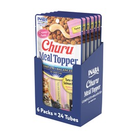 INABA Churu Meal Topper for Cats, Complete & Balanced, Creamy, Lickable Purée Cat Food Topper, 0.5 Ounce Tube, 24 Tubes (4 per Pack), Tuna with Salmon Recipe