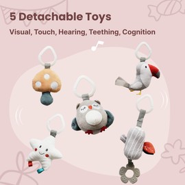 CoocooBaby Play Gym with 5 Sensory Toys, Thick & Plush Playmat for Floor, Tummy Time Mat, Convertible Stage-Based Development from Baby to Toddler (Mistyrose)