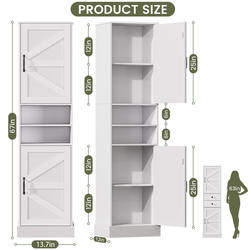 67" H Tall Bathroom Storage Cabinet with 2 Barn Doors