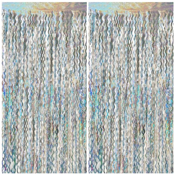 Silver Tinsel Foil Fringe Curtains Wavy Backdrop for Parties Sparkle