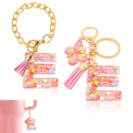 Ruqizhi Initial Letter 2PCS Keychain Cute Letter Charm Accessories with Butterfly Tassel for Cup with Handle for Women Girls, Pink-butterfly E+cup E