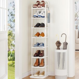 Hzuaneri 8 Tiers Vertical Shoe Rack, Narrow Shoe Tower, Tall Shoes Shelf with 2 Hooks, Adjustable Shelves, Corner Shoes Shelves for Small Spaces, Entryway, Living Room, White SR04313W