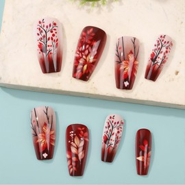 Floral Press on Nails Coffin Medium Long Length Fall Red Brown Leaves Fake Nails Press ons Autumn Acrylic Glossy Faux Full Cover Glue on Nails for Women 24 Pcs