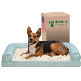 Furhaven Cooling Gel Dog Bed for Large/Medium Dogs w/ Removable Bolsters & Washable Cover, For Dogs Up to 55 lbs - Plush & Diamond Print Nest Top Sofa - Aqua, Large
