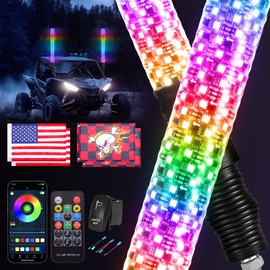 WEKILAM 2PCS 2FT Fat Whip Lights with Spring Base, LED Fat Whip Light with App & Remote Control, Brighter Spiral Chasing Lighted Antenna Whips for UTV ATV RZR SXS Can-Am Dune Buggy Offroad Truck