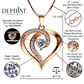 DEPHINI - Elegant Necklace - Rose Gold 925 Sterling Silver - Heart Pendant with CZ Crystals - women's fine jewellery - 18" Chain - Rhodium Plated
