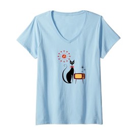 Womens Retro Style Atomic Era Mid Century Kitty Cat with Clock TV V-Neck T-Shirt