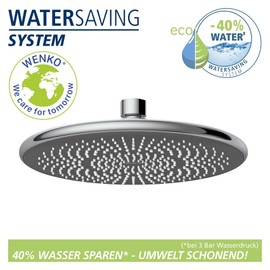 WENKO Water-Saving Rain Shower Head, Water-Saving Universal Shower Head with Sustainable Water-Saving System, 40% Water-Saving with Full Comfort, Round Shower Head Diameter 22.5 cm, Brass/ABS Chrome
