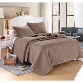 Queen Taupe Solid Color Box Stitch Quilted Bedspread Coverlet 90 by 102 inches plus 2 Standard Shams 20 by 26 inch Hypoallergenic Reversible Bed Cover for Homes,Hotels,Motels, Rentals 5.11 lbs