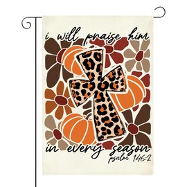 Funny Fall Garden Flag Autumn Outdoor Decorations Small Double Sided Burlap Fall Pumpkin with Bow Christian Leopard Cross Thanksgiving Garden Flags 12 x 18 Inch for Outside Yard