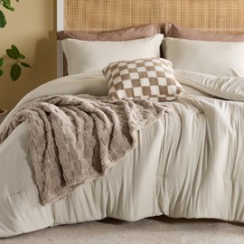 Bedsure Comforter King Size 5 Pieces - King Size Comforter Set with Checkered Throw Blanket and Decorative Pillow, Lightweiget Bedding, All Season Bedding Sets, Linen Beige