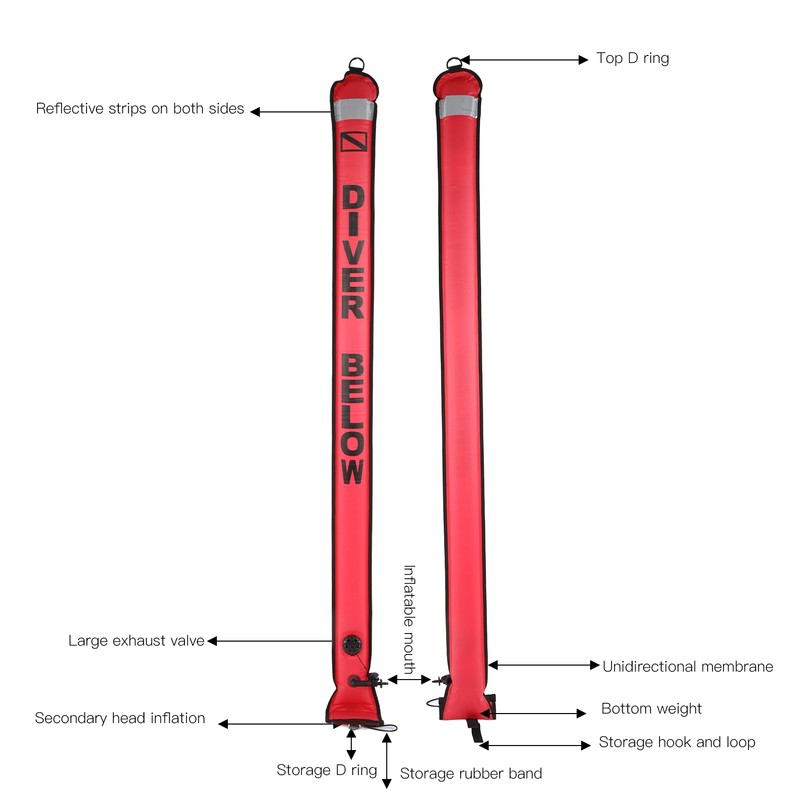 180x15cm Scuba Diving Surface Marker Buoy High Visibility Inflatable Surface