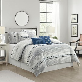 Stratford Park Blue Striped Dots Comforters Queen Size Set, 7 Piece, Jaquard & Clip Ultra Soft, Premium Microfiber, Bedskirt, Pillows & Shams, All Season Bedding Set