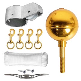 PORFOYO Fahnenmast Zubehör Set, 11.5 M Fahnenmast Zubehör Kit, Fahnenmast Reparaturset, Fahnenmast-Teilereparatur-Set Für Gartendekoration, Goldene Kugelklemme, Rund, Haushaltsseil(Gold)