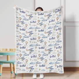 Unisex Plane Hot Air Balloons Transportation Theme Baby Nursery Throw Gift Blanket for Boys Girls, Aircraft Clouds Stars Pattern Swaddle Receiving Bed Blanket for Newborn Toddlers Kids-30x40