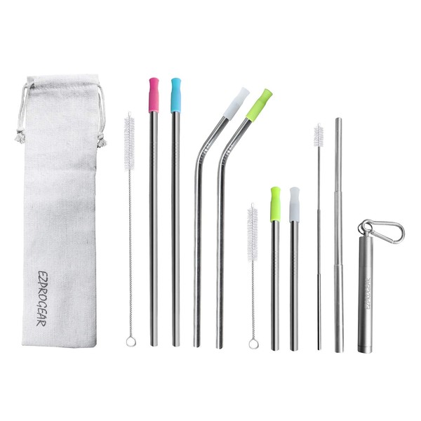 Ezprogear Metal Stainless Steel Wide Straws with Silicone Tips Collapsible Straw and 8mm Reusable Drinking Straw (1 Collapsible + 2 Long + 2 Long Bent + 2 Short)
