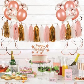 WITPOCE Rose Gold and Pink Birthday Party Decorations Set with Happy Birthday Banner,DIY Cake Topper,Circle Dots Garland,Hanging Swirls,Tissue Paper Pompoms,Paper Tassels Garland,Confetti Balloons
