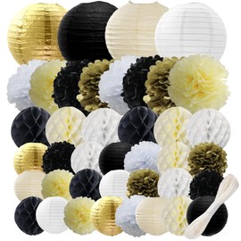 WOLHOWLTD Black Gold White Paper Decoration Set - 40Pcs Paper Lanterns, Pompoms, Honeycomb for Wedding,Retirement, Birthday, Graduation, Engagement,New Year Home Decoration(Gold Black Beige White)