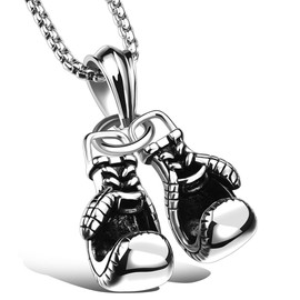 Hamoery Men Punk Stainless Steel Boxing Gloves Chain Pendant Necklace(White)