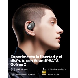 SoundPEATS GoFree 2 Audífonos Inalámbricos Bluetooth 5.3 Deportivos con Ganchos Códec LDAC de Audio de Alta Resolución Controlador de 16,2 mm, Diseño Ligero de Oreja Abierta 4 Micrófonos 35 Horas