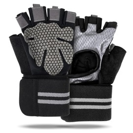 Guantes para Gym con Protección Muñequeras, Guantes Deportivos Crossfit para Hombre/Mujer sin Dedos con Soporte para la Muñeca, Antideslizantes Guantes de Pesas/Gimnasio/Entrenamiento(Gris-M)