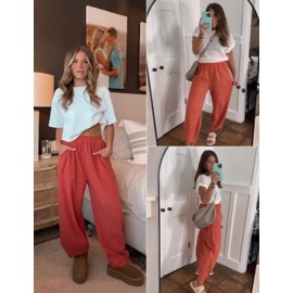 Xiaoxuemeng Womens Baggy Wide Leg Pants Casual Elastic Waisted Palazzo Harem Pants with Pockets (Orange-M)