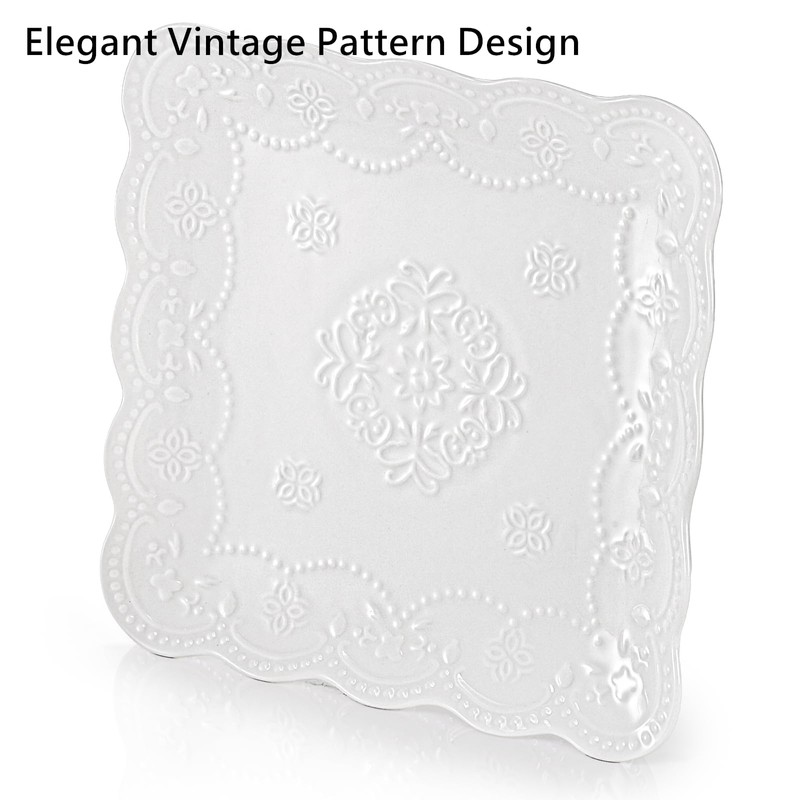 Tebery Set of 4 Square Embossed Ceramic Plate, 10 Inch