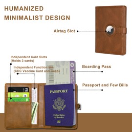 HOORINB Travel Passport Wallet for Women Men with Airtag Holder, RFID Passport and Vaccine Card Holder Combo with Card Slot, Leather Airtag Passport Holder and Airplane Travel Essentials, Light Brown, Airtag Passport Holder