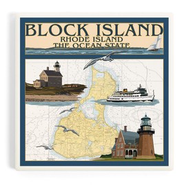 Block Island, Rhode Island, Nautical Chart with Ferry (Absorbent Ceramic Coaster, Single, Cork Back, Kitchen Table Decor)