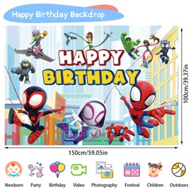 5x3FT Spider Party Birthday Backdrop, Spider Birthday Decorations Photography Backdrop, Theme Party Supplies Happy Birthday Banner, Kids Birthday Party Decorations Boys Girls