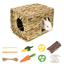 Grass House for Rabbits,Sangle Sopffy,Hand Woven Bunny Grass House,Rabbit Hideout,Natural Grass Hideaway for Bunny Guinea Pig Chinchilla Ferret Hamster Squirrel with Rabbit Chew Toys