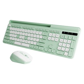 Green Wireless Keyboard and Mouse Combo, 2.4G Ergonomic Wireless Computer Keyboard with Phone Tablet Holder, Silent Mouse with 6 Buttons, Compatible with MacBook, Windows (KM-239W-WHGN)