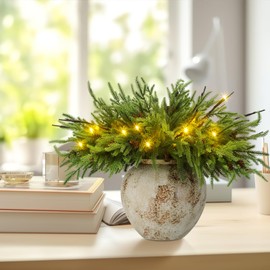 Moucuny 20 Pcs Christmas Norfolk Pine Branches with Lights 18" 8 Artificial Norfolk Stems 8 Branches with Pinecone 4 Lighted Stems for Vases Xmas DIY Garland Wreath Home Centerpiece Table Decorations