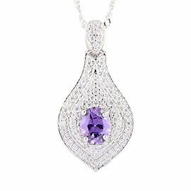 RIZILIA Pendant with 45cm(18") Chain & Oval Cut Gemstones CZ [Purple Amethyst] in 18K White Gold Plated, Simple Modern Elegance