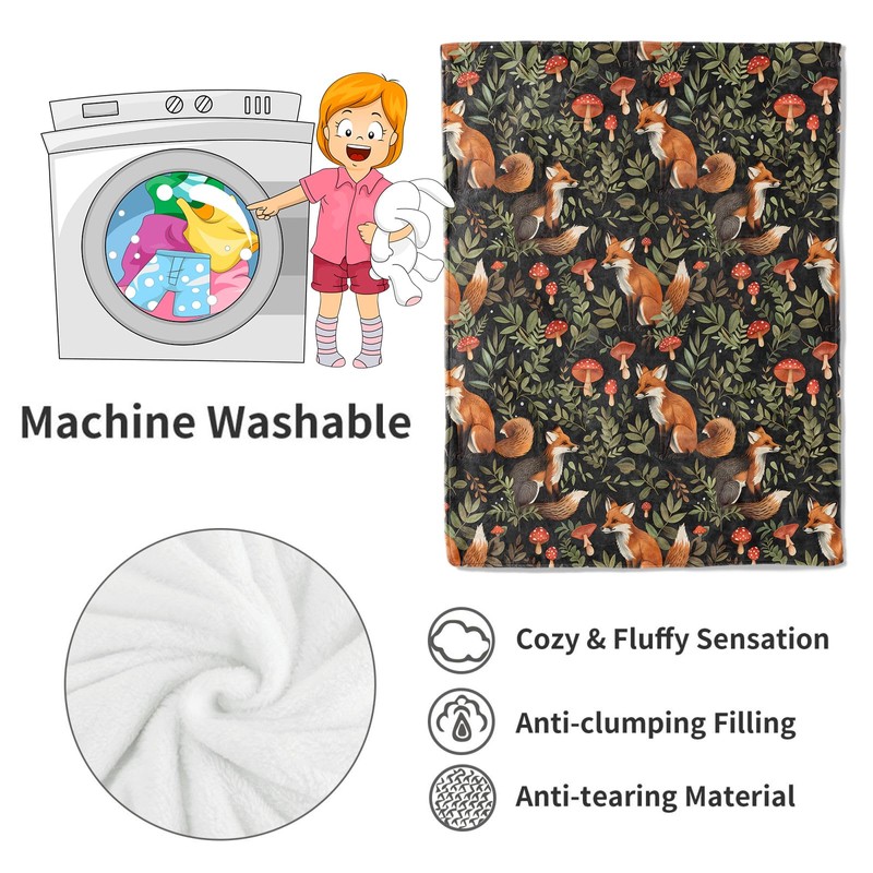 VODRM Fox Blanket,40x50in,Cute Woodland Foxes Autumn Forest Foliage Mushroom Throw