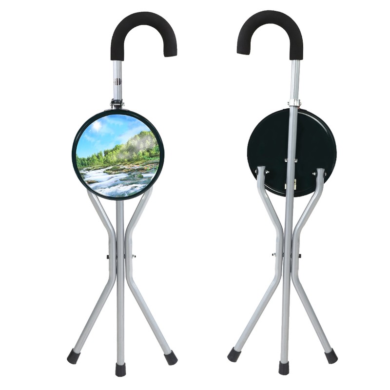 Iron Portable Folding Walking Stick Seat Tripod Travel Chair Stool