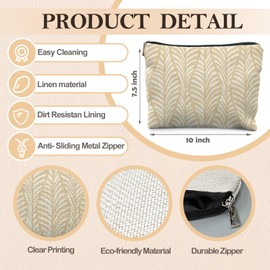 RYYCDOI Boho Beige Leaf Makeup Bag, Neutral Block Print Leaves Cosmetic Bags for Women, Minimalist Beige Botanical Zipper Makeup Pouch