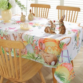 Easter Tablecloth, Easter Table Cloth Rectangle 60 x 84 with Bunny and Eggs, Easter Oblong Tablecloth Watercolor Rabbits Table Cover for Spring Dining Room Indoor Outdoor Decoration, Colorful