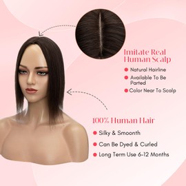 Elailite Real Hair Clip-In Hair Topper, Brown Hair Topper, Women, 130% Density, 45 cm, 57 g, Hairpieces, Toupee, Silk Lace, 10 x 12 cm, #2A