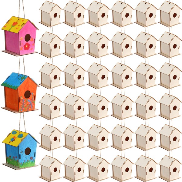 DoubleFill 4.33" Wooden Bird Houses Bulk for DIY Unfinished Hanging