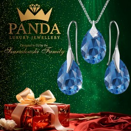 PANDA LUXURY JEWELLERY Jewellery Set for Women Earrings Silver 925 Hanging Earrings Hook with Necklace Pear Crystals Stone 12 Birthstone Chain Women with Pendant Jewellery Girls, Sterling Silver