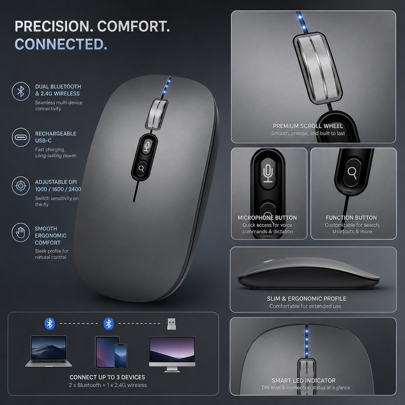 AI Voice Typing Wireless Mouse – Multi-Mode Silent Mouse with