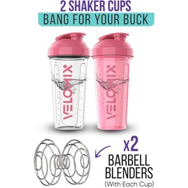 VELOMIX -2 Pack- 28 oz Protein Shaker Bottles for Protein Mixes - 2x Wire Whisk | Leak Proof Shaker Cups for Protein Shakes | Protein Shaker Bottle Pack (Transparent/Pink)