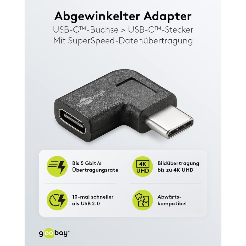 Goobay 45402 USB-C to USB-C Adapter, Right-Angled, 90°, Black