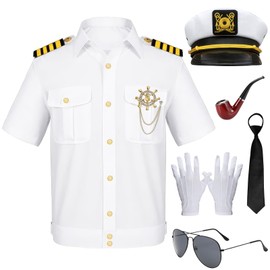 Maazusa Men's Sailor Captain Short-Sleeved Yacht Party Costume, Adult Yacht Accessories Set with Captain Hat Suitable (XXL)