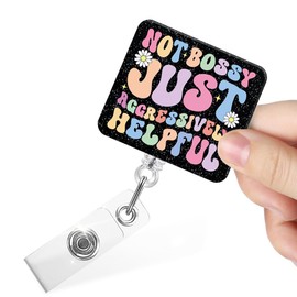 Juoqg Not Bossy Just Aggressively Helpful Glitter Retractable Badge Reel with Alligator Clip, Funny Snarky Badge Holder for Doctor Nurse Night Shift Social Worker Volunteer Teacher Office Staff
