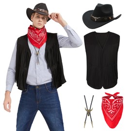 Firecos Cowboy Costume Men's Western Cowboy Cosplay Fringe Vest with Hat Neckerchief Vintage Necklace for Carnival Hippie Costume Set for Adults (Black, M)