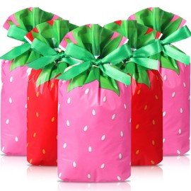 Pasimy 50 Pcs Strawberry Gift Bags Bulk 5.9 x 9 in Plastic Red Pink Strawberry Party Drawstring Favor Treat Goodie Candy Bags for Strawberrys Party Strawberrys Birthday Decorations Supplies, 2 Designs